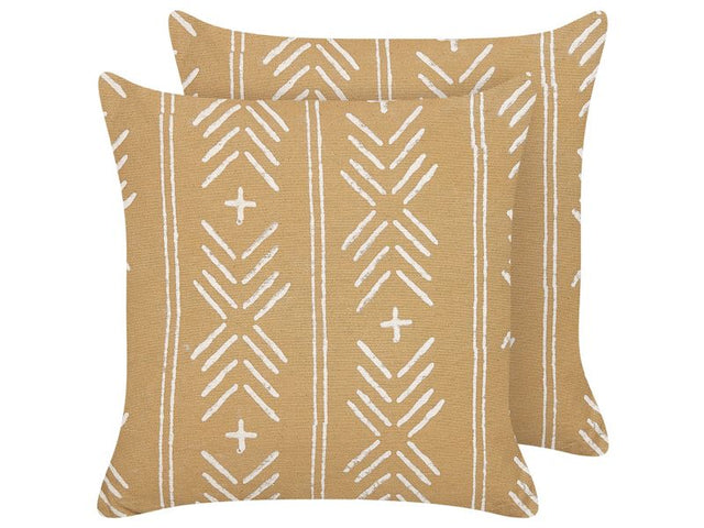 Set of 2 Scatter Cushions Beige and White Cotton 45 x 45 cm Geometric Pattern Handmade Removable Cover with Filling Beliani