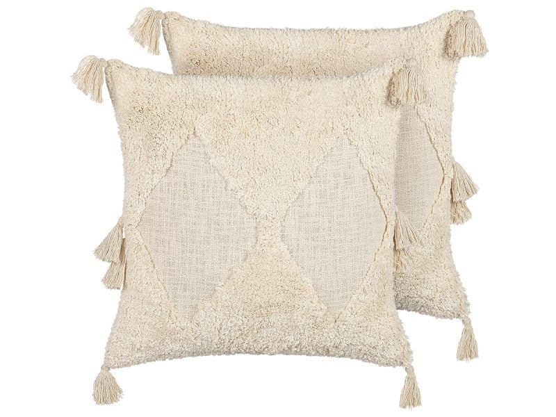 Set of 2 Scatter Cushions Light Beige Cotton 45 x 45 cm Geometric Pattern Tassels Removable Cover with Filling Boho Style Beliani