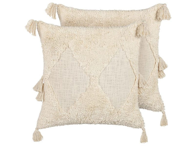 Set of 2 Scatter Cushions Light Beige Cotton 45 x 45 cm Geometric Pattern Tassels Removable Cover with Filling Boho Style Beliani