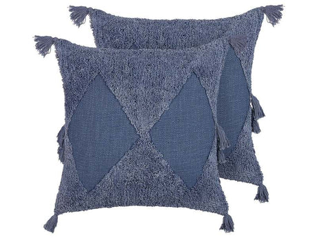 Set of 2 Scatter Cushions Blue Cotton 45 x 45 cm Geometric Pattern Tassels Removable Cover with Filling Boho Style Beliani