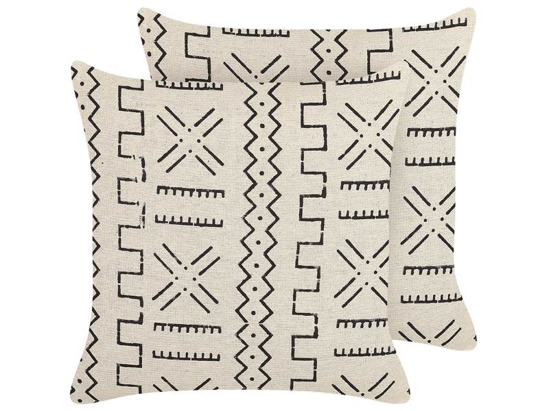 Set of 2 Decorative Cushions White and Black Cotton 45 x 45 cm Geometric Pattern Foil Print Boho Decor Accessories Beliani