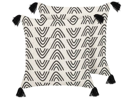 Set of 2 Decorative Cushions White and Black Cotton 45 x 45 cm Geometric Pattern Foil Print Boho Decor Accessories Beliani