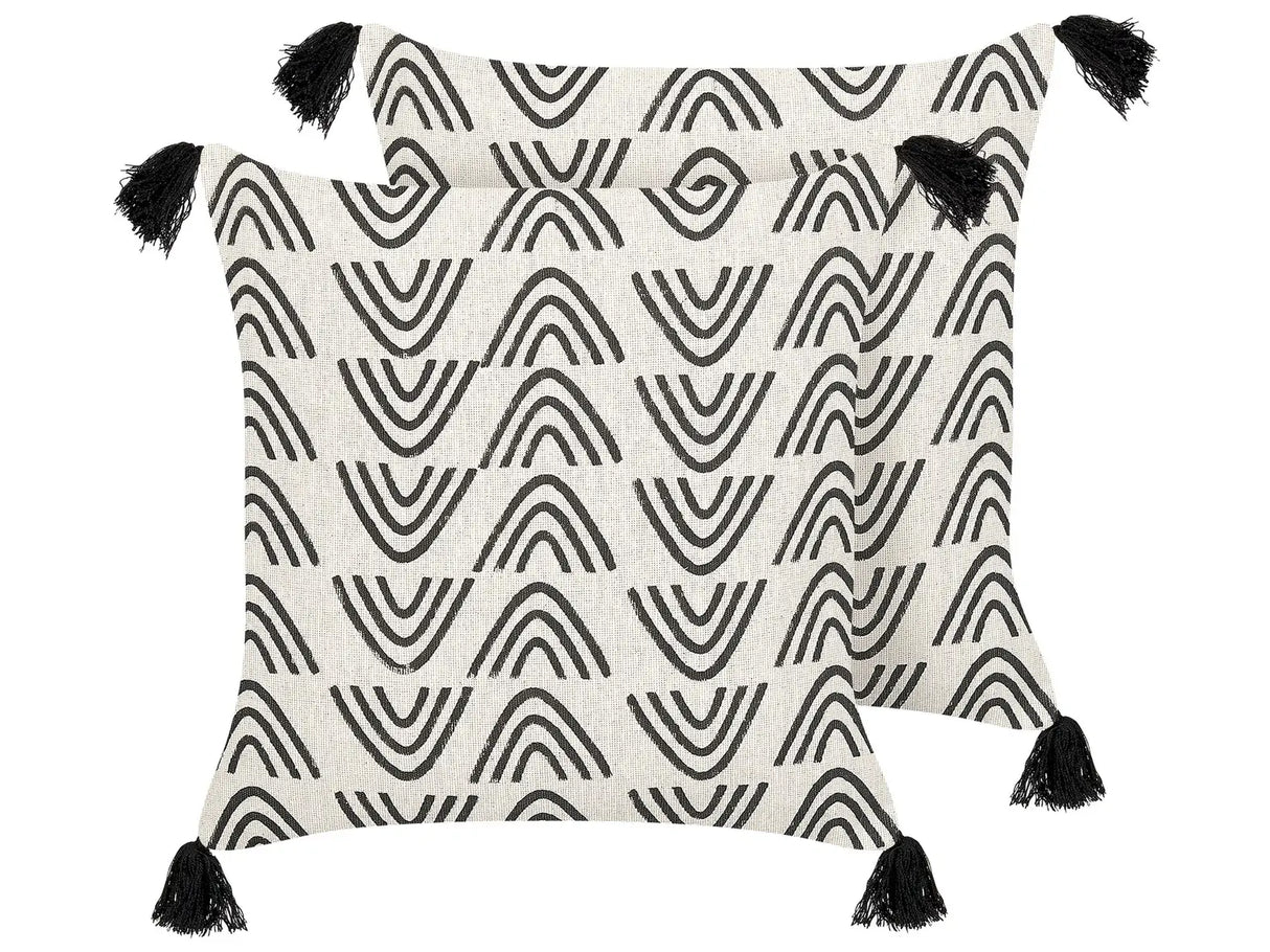 Set of 2 Decorative Cushions White and Black Cotton 45 x 45 cm Geometric Pattern Foil Print Boho Decor Accessories Beliani