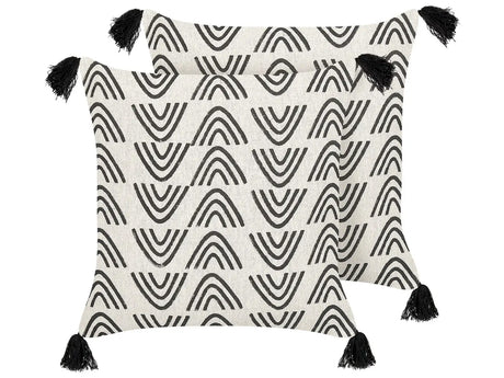 Set of 2 Decorative Cushions White and Black Cotton 45 x 45 cm Geometric Pattern Foil Print Boho Decor Accessories Beliani