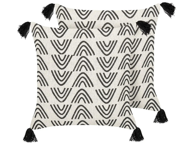 Set of 2 Decorative Cushions White and Black Cotton 45 x 45 cm Geometric Pattern Foil Print Boho Decor Accessories Beliani