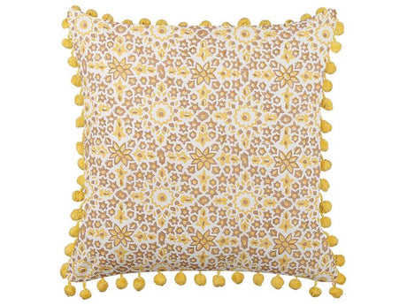 Decorative Cushion Yellow Cotton 45 x 45 cm Geometric Pattern Block Print with Pom Poms Boho Decor Accessories Beliani