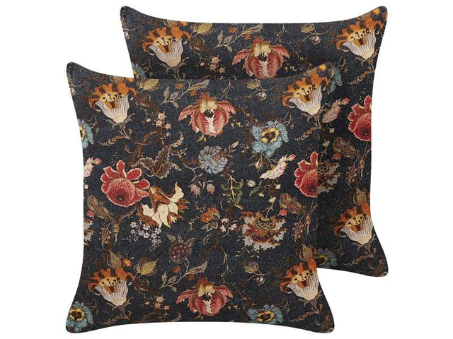 Set of 2 Decorative Cushions Multicolour Cotton 45 x 45 cm Velvet Flower Motif Modern Glamour Decor Beliani