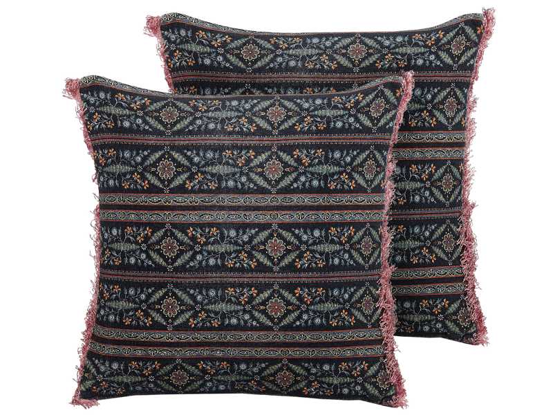 Set of 2 Decorative Cushions Multicolour Cotton 45 x 45 cm Velvet Flower Motif Fringed Modern Glamour Decor Beliani