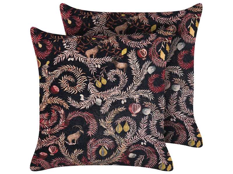 Set of 2 Decorative Cushions Black Pink Cotton 45 x 45 cm Velvet Botanical Motif Modern Glamour Decor Beliani