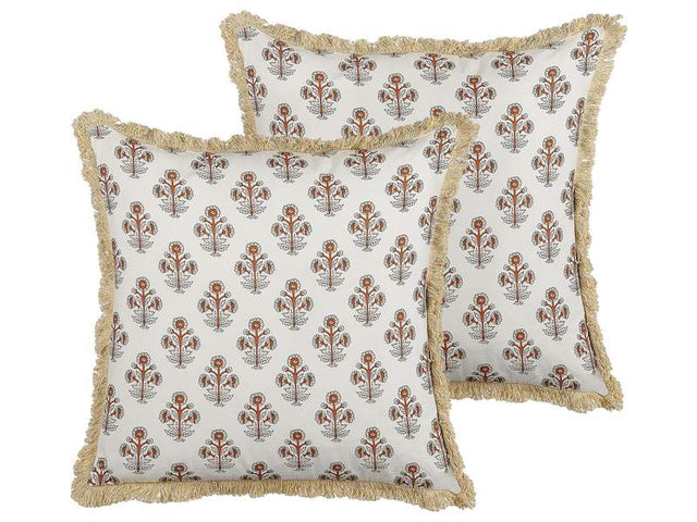 Set of 2 Scatter Cushions Cotton Flower Pattern 45 x 45 cm Decorative Tassels Removable Cover Decor Accessories Beliani