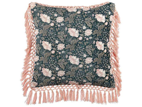 Decorative Cushion Blue Pink Cotton 45 x 45 cm Velvet Flower Motif Fringed Modern Glamour Decor Beliani