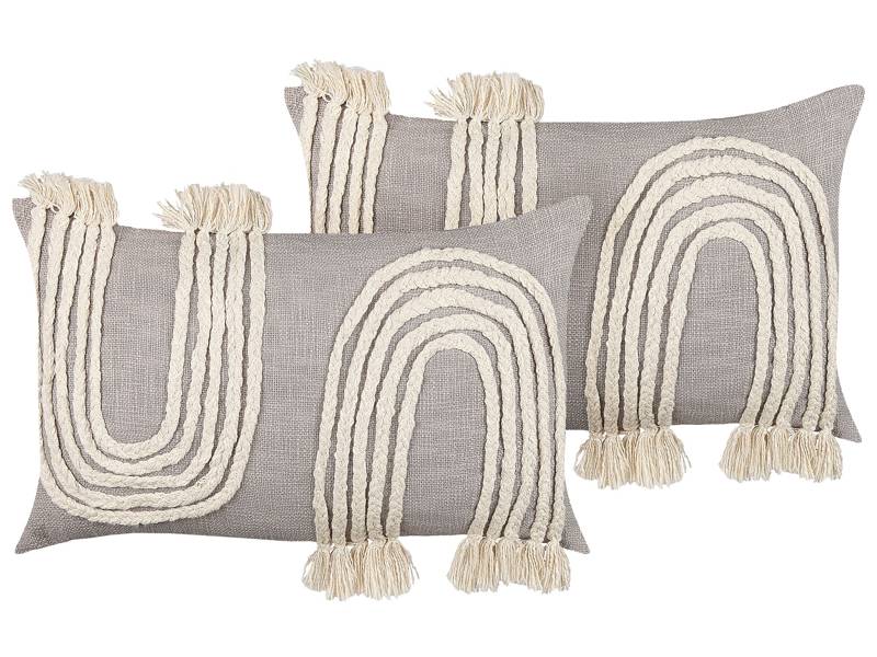 Set of 2 Decorative CushionsGrey and Beige Cotton 35 x 55 cm Geometric Pattern with Tassels Boho Decor Accessories Beliani