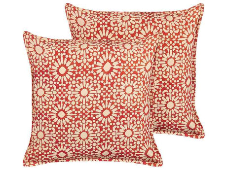 Decorative Cushions Red Cream Cotton Geometric Pattern 45 x 45 cm Folk Design Decor Accessories Beliani