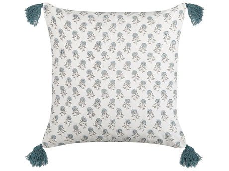 Scatter Cushion White and Blue Cotton 45 x 45 cm Floral Pattern Tassels Handmade Removable Cover with Filling Boho Style Beliani