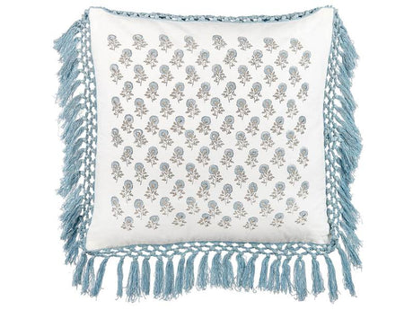 Scatter Cushion White and Blue Cotton 45 x 45 cm Floral Pattern Fringed Handmade Removable Cover with Filling Boho Style Beliani