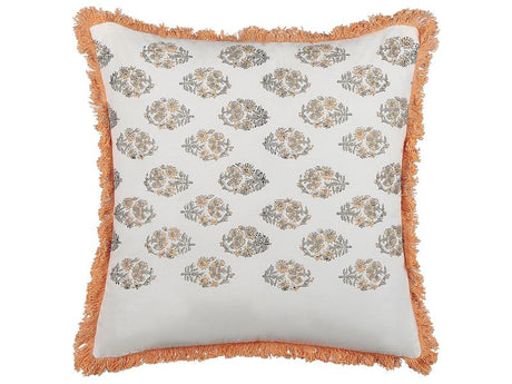 Scatter Cushion White and Orange Cotton 45 x 45 cm Floral Pattern Tassels Handmade Removable Cover with Filling Boho Style Beliani