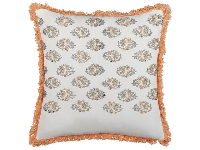 Scatter Cushion White and Orange Cotton 45 x 45 cm Floral Pattern Tassels Handmade Removable Cover with Filling Boho Style Beliani