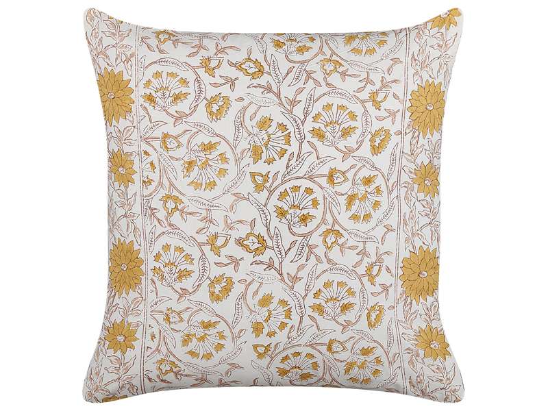 Scatter Cushion White and Yellow Cotton 45 x 45 cm Floral Pattern Handmade Removable Cover with Filling Boho Style Beliani