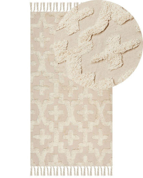 Area Rug Beige Cotton 80 x 150 cm Minimalistic Tufted Shaggy Geometric Pattern Living Room Bedroom Beliani