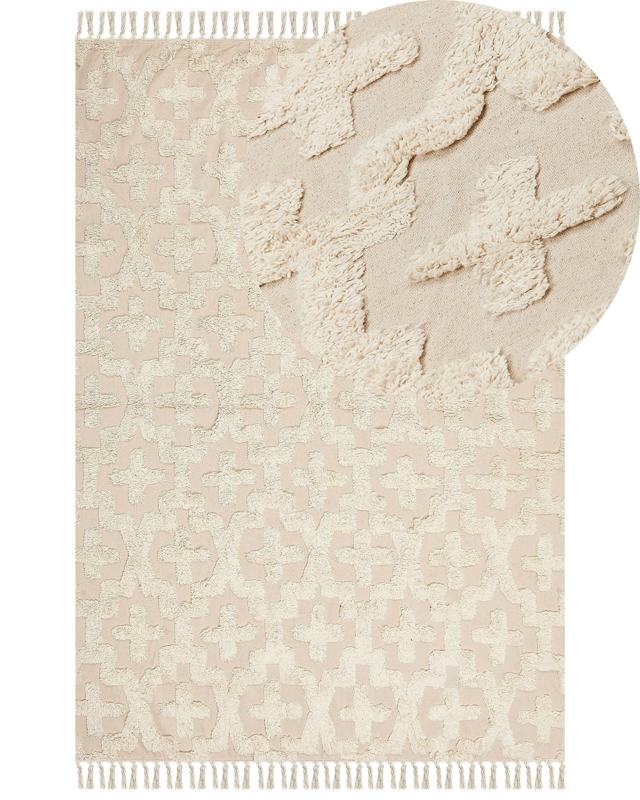 Area Rug Beige Cotton 160 x 230 cm Minimalistic Tufted Shaggy Geometric Pattern Living Room Bedroom Beliani