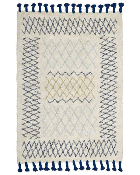 Rug Beige Cotton 160 x 230 cm Geometric Pattern Hand Tufted Tassels Flatweave Living Room Bedroom Beliani