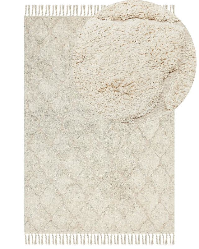 Area Rug Beige Cotton 140 x 200 cm Minimalistic Tufted Shaggy Design Geometric Pattern Living Room Bedroom Beliani