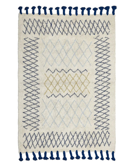 Rug Beige Cotton 140 x 200 cm Geometric Pattern Hand Tufted Tassels Flatweave Living Room Bedroom Beliani