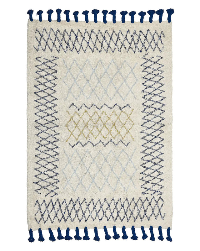 Rug Beige Cotton 140 x 200 cm Geometric Pattern Hand Tufted Tassels Flatweave Living Room Bedroom Beliani