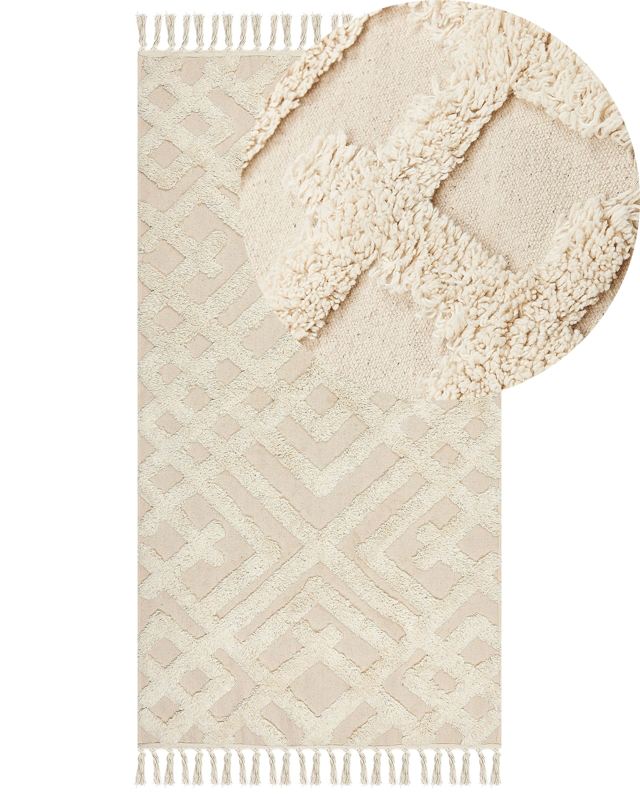 Area Rug Beige Cotton 80 x 150 cm Minimalistic Tufted Shaggy with Tassels Design Geometric Pattern Living Room Bedroom Beliani