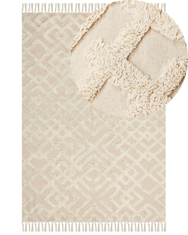 Area Rug Beige Cotton 160 x 230 cm Minimalistic Tufted Shaggy with Tassels Design Geometric Pattern Living Room Bedroom Beliani