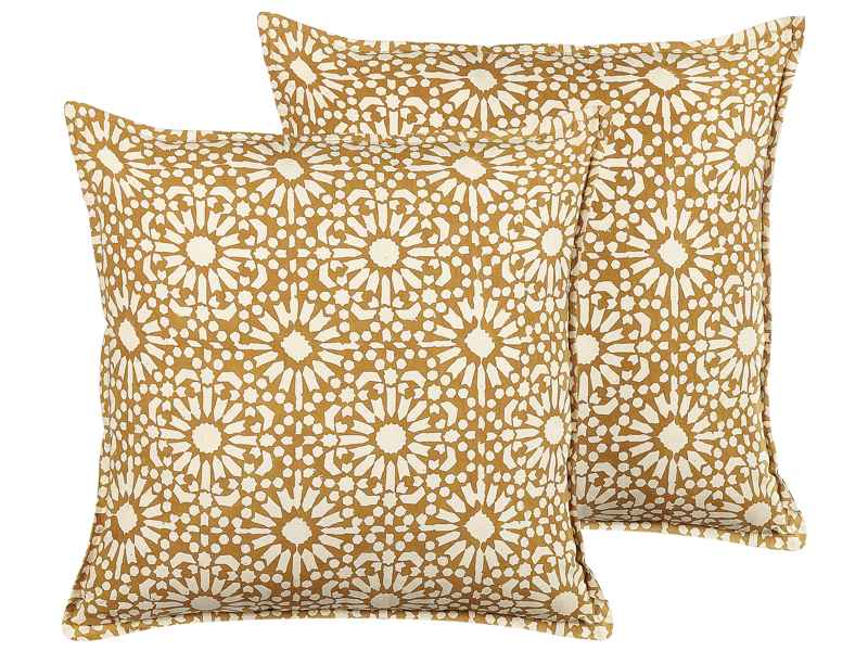 Set of 2 Scatter Cushions Beige Cotton 45 x 45 cm Geometric Pattern Handmade Removable Cover with Filling Boho Style Beliani