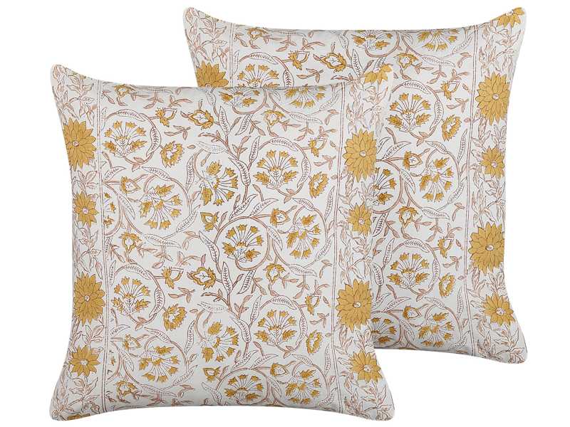 Set of 2 Scatter Cushions White and Yellow Cotton 45 x 45 cm Floral Pattern Handmade Removable Cover with Filling Boho Style Beliani