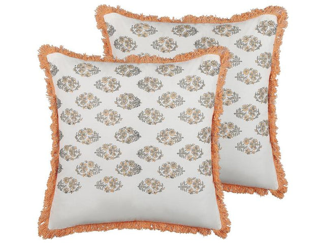 Set of 2 Scatter Cushions White and Orange Cotton 45 x 45 cm Floral Pattern Tassels Handmade Removable Cover with Filling Boho Style Beliani