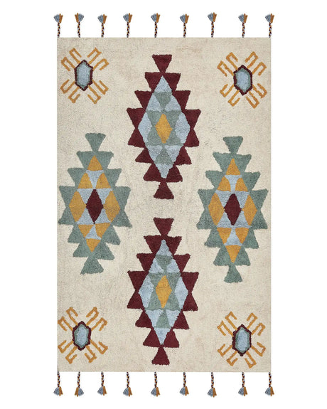 Area Rug Multicolour Cotton 140 x 200 cm Rectangular Hand Tufted Tribal Motif Living Room Bedroom Beliani