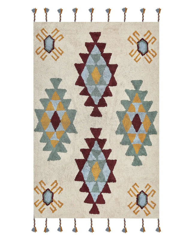 Area Rug Multicolour Cotton 140 x 200 cm Rectangular Hand Tufted Tribal Motif Living Room Bedroom Beliani