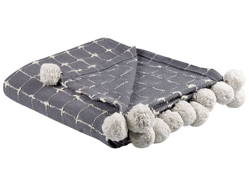 Blanket Grey Cotton 125 x 150 cm Decorative Throw with Pom Poms Checked Cover Home Accessory Beliani