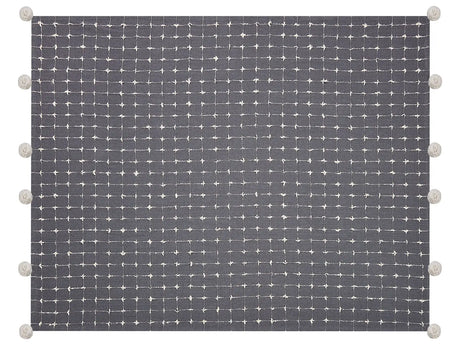 Blanket Grey Cotton 125 x 150 cm Decorative Throw with Pom Poms Checked Cover Home Accessory Beliani