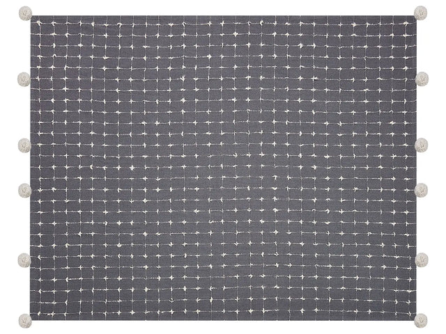 Blanket Grey Cotton 125 x 150 cm Decorative Throw with Pom Poms Checked Cover Home Accessory Beliani