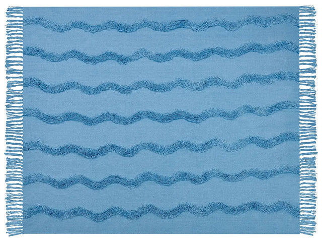 Blanket Blue Cotton 125 x 150 cm Geometric Pattern Knitted Throw Boho Style Living Room Bedroom Accent Piece Beliani