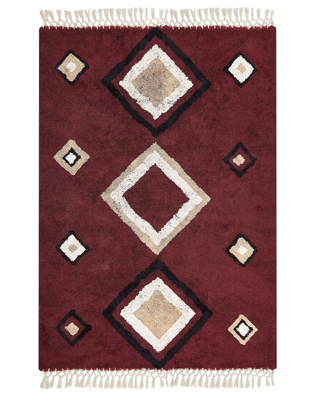 Area Rug Red Cotton 160 x 230 cm Rectangular with Tassels Diamond Pattern Boho Oriental Style Beliani