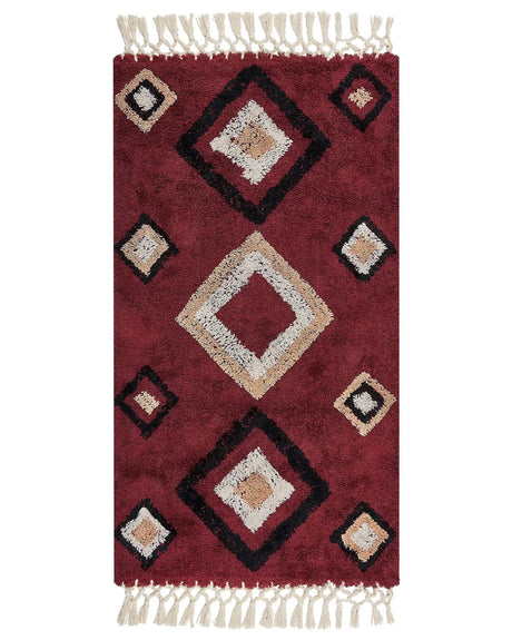 Area Rug Red Cotton 80 x 150 cm Rectangular with Tassels Diamond Pattern Boho Oriental Style Beliani