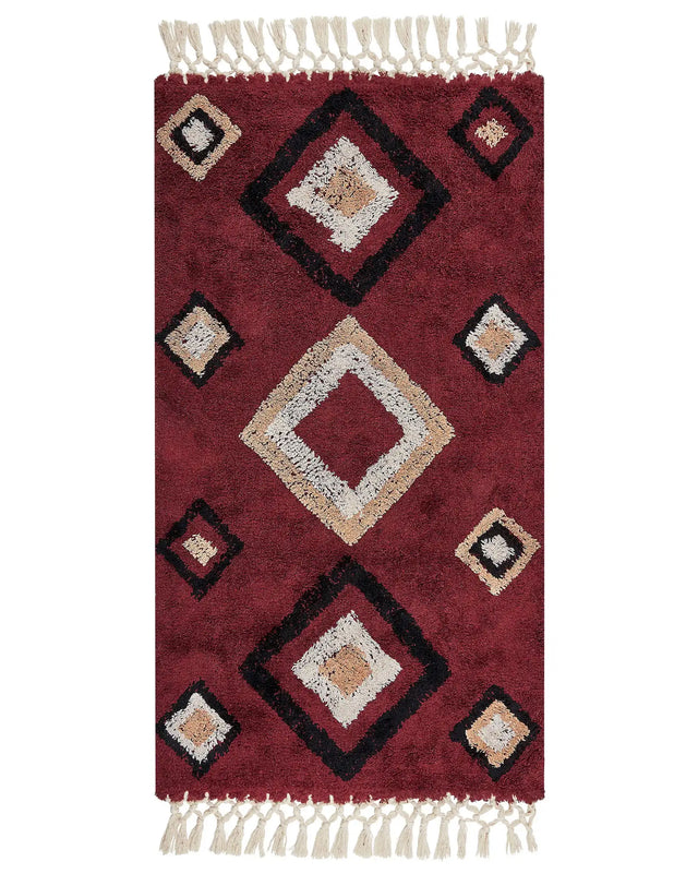 Area Rug Red Cotton 80 x 150 cm Rectangular with Tassels Diamond Pattern Boho Oriental Style Beliani