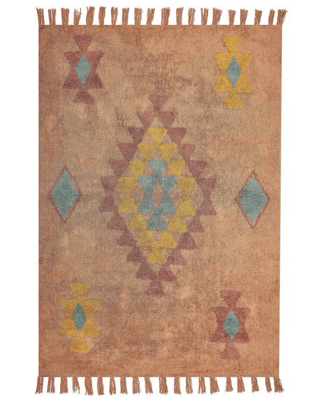 Area Rug Orange Cotton 140 x 200 cm Rectangular with Tassels Geometirc Pattern Boho Oriental Style Beliani