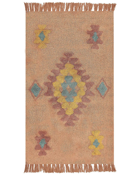Area Rug Orange Cotton 80 x 150 cm Rectangular with Tassels Geometirc Pattern Boho Oriental Style Beliani