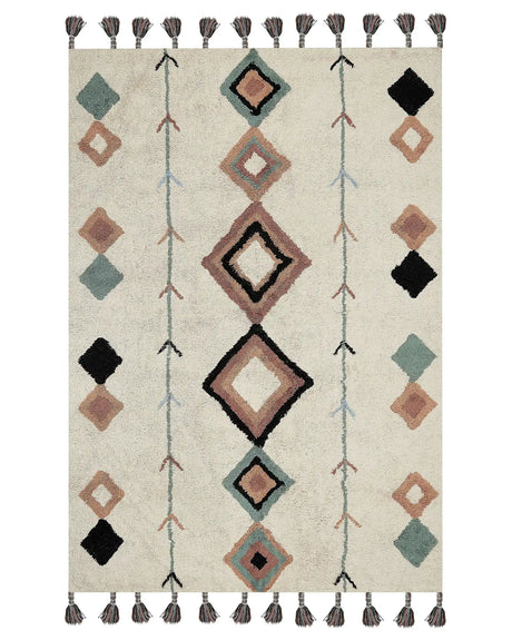 Area Rug Orange Cotton 140 x 200 cm Rectangular with Tassels Diamond Pattern Boho Oriental Style Beliani