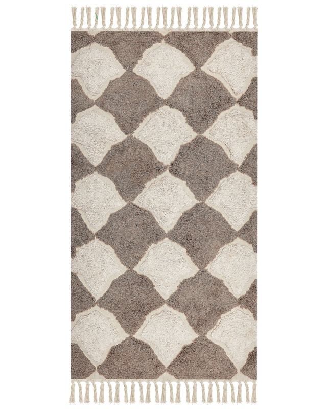 Area Rug Brown and Beige Cotton 80 x 150 cm Rectangular with Tassels Geometric Pattern Boho Oriental Style Beliani