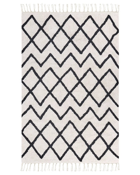 Area Rug Beige and Black Cotton 160 x 230 cm Minimalistic Tufted Geometric Pattern Fringed Living Room Bedroom Beliani