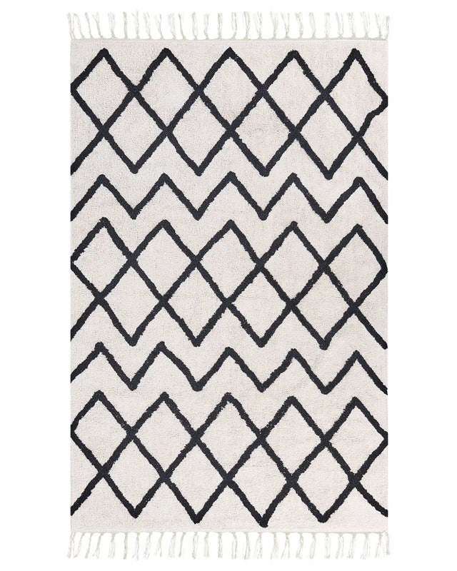 Area Rug Beige and Black Cotton 160 x 230 cm Minimalistic Tufted Geometric Pattern Fringed Living Room Bedroom Beliani