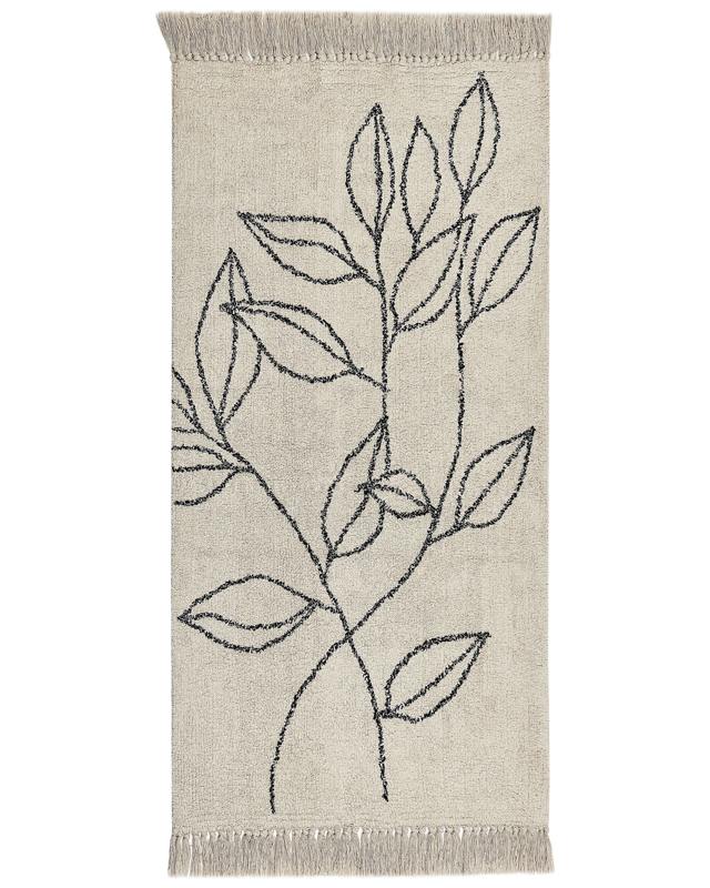 Area Rug Beige and Black Cotton 80 x 150 cm Minimalistic Tufted FloralPattern Fringed Living Room Bedroom Beliani