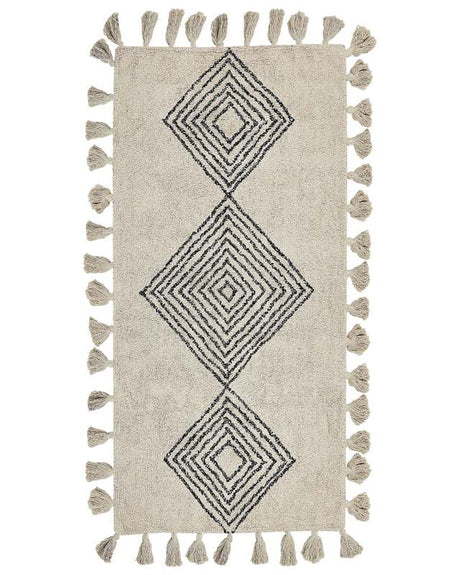 Area Rug Beige Cotton 80 x 150 cm Rectangular with Tassels Geometric Pattern Boho Oriental Style Beliani